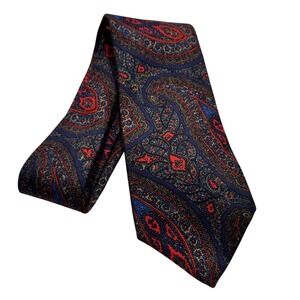 Lands End Men Silk Paisley Tie Navy Blue Red Gold Handsewn USA Long